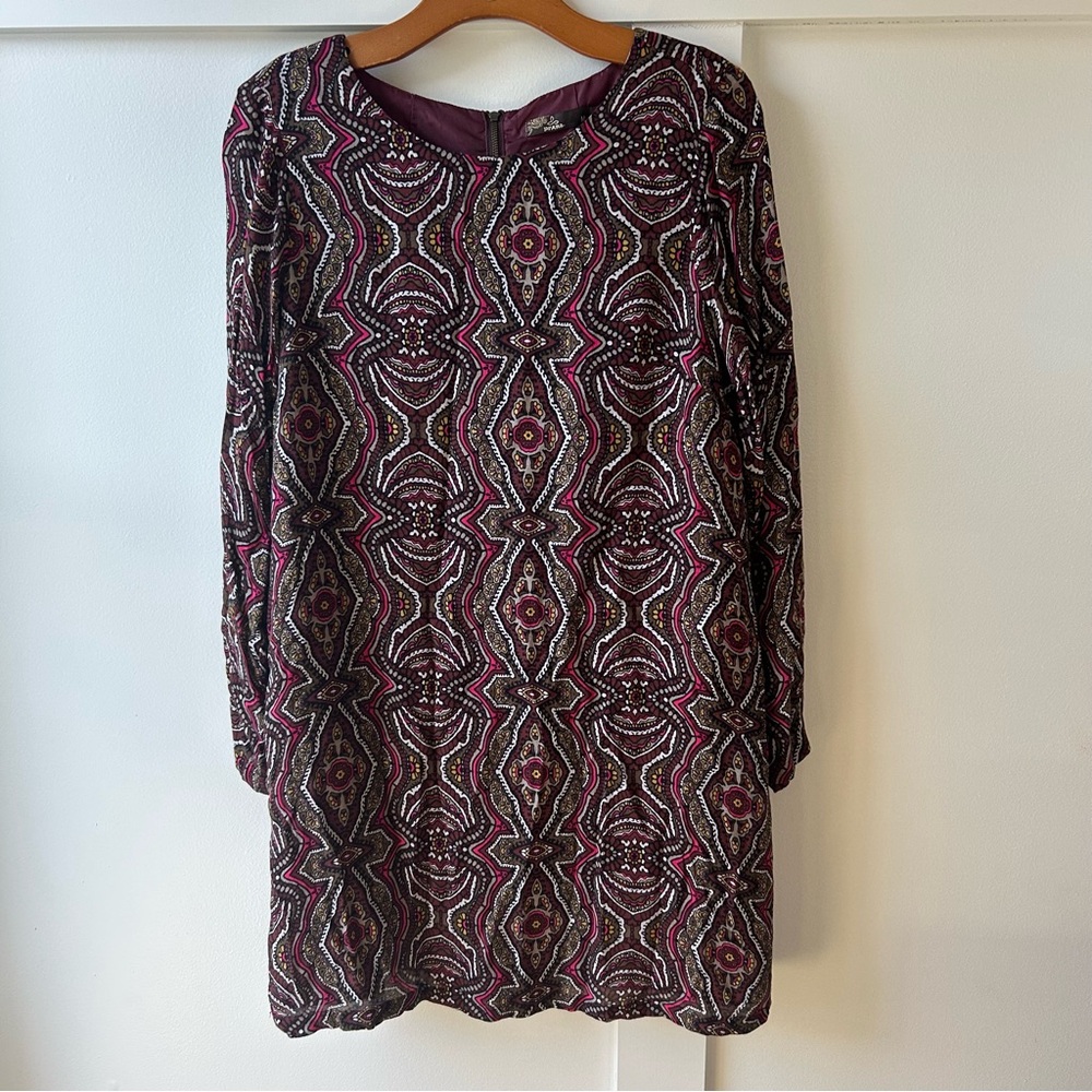 Prana Women's Dress Burgundy Black Geometric Long Sleeve‎ Boho Hippie Medium